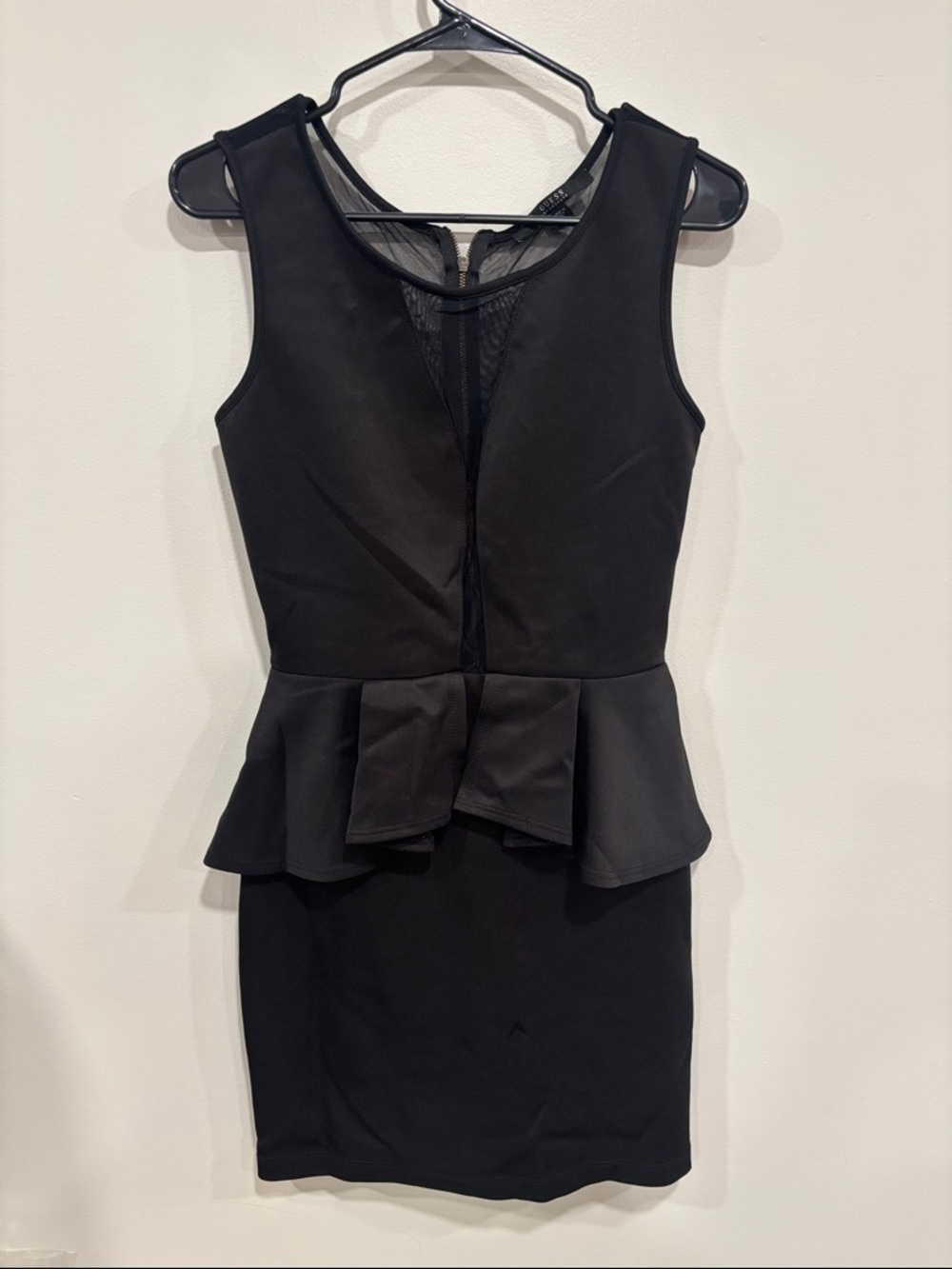 GUESS Black Sleeveless Peplum Mini Dress with Mesh Inset